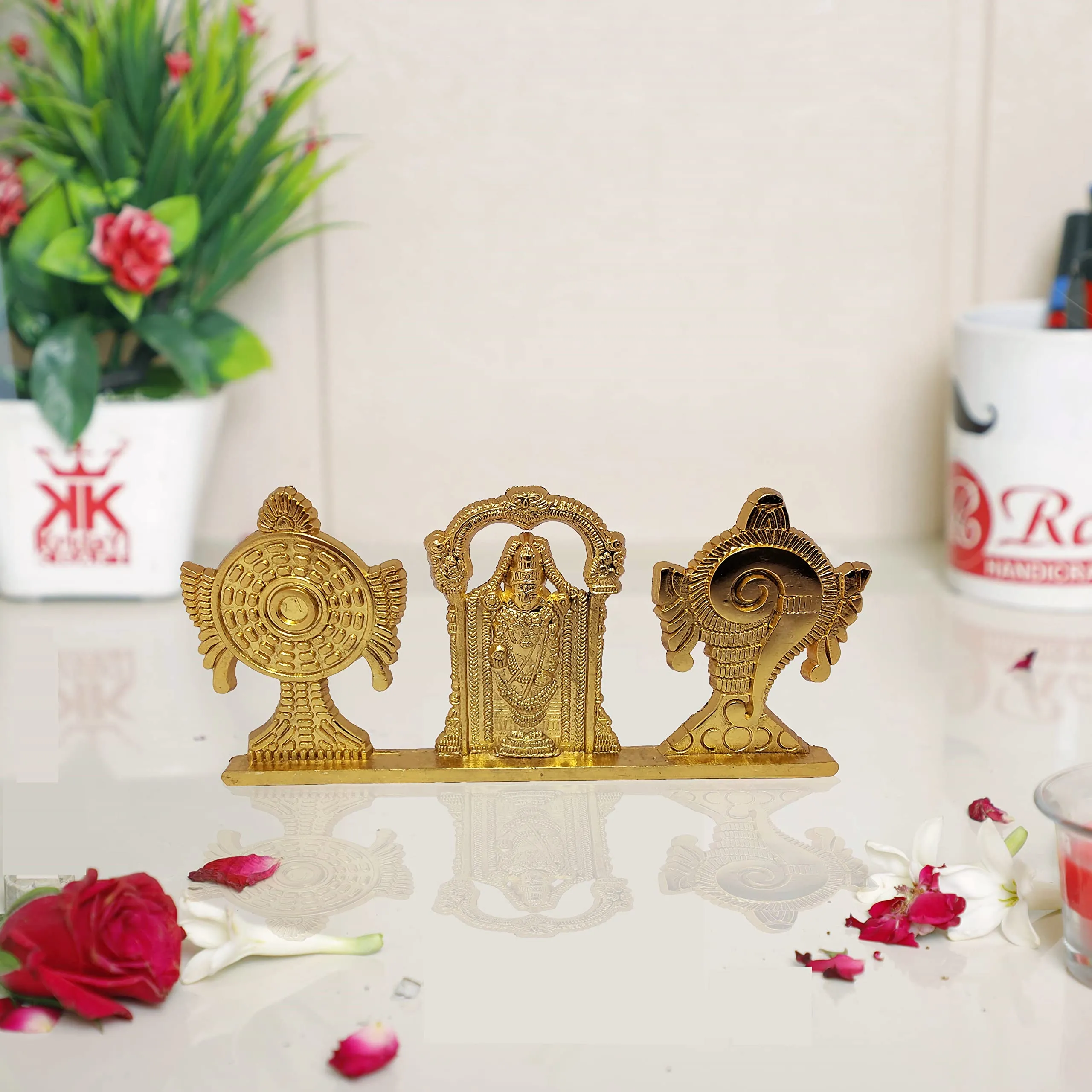 KridayKraft Tirupati Balaji Symbol Stand Shankh Chakra with Balaji Statue Gold Plating Antique Decorative for Car Dashboard Home & Office Table Showpiece Figurines,Religious Gift Idol...