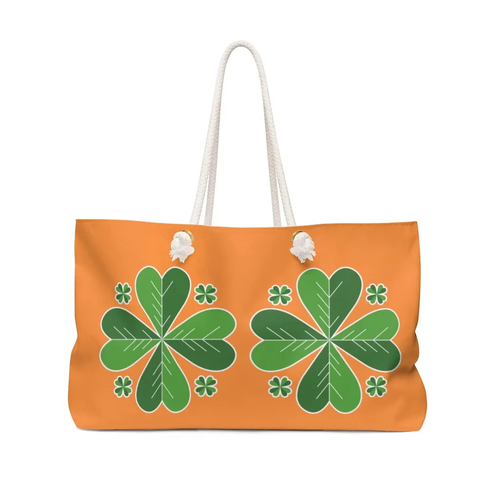 Orange Green Clover Bag, Leaf St. Patrick's Day Irish Print 24"x13"Weekender Bag- Made in USA