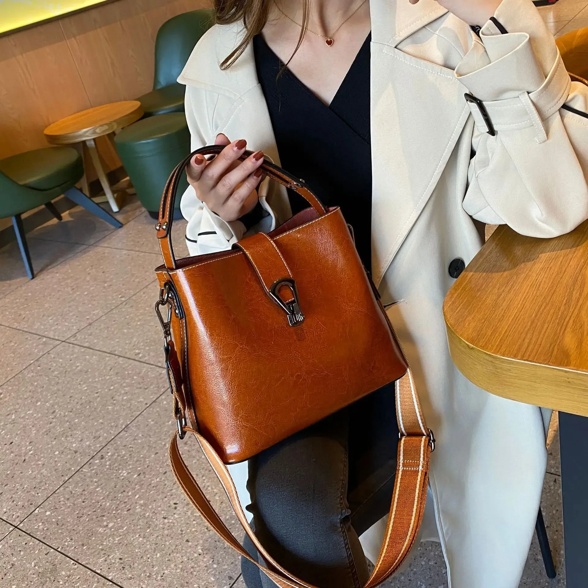 Real Oil Wax Leather Bucket Bag