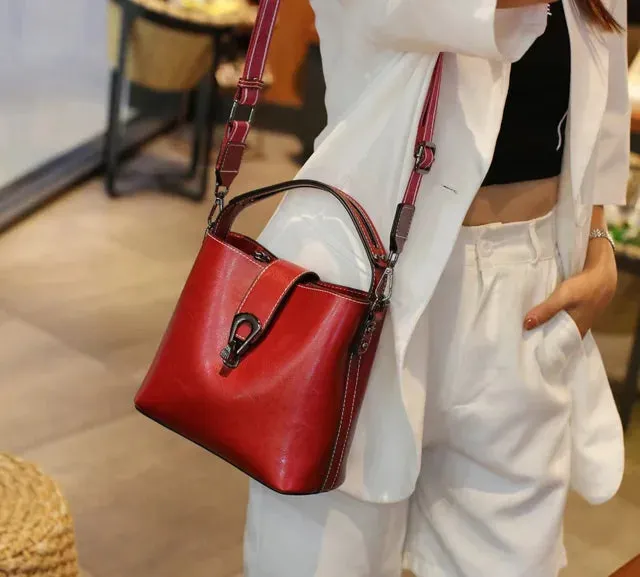 Real Oil Wax Leather Bucket Bag