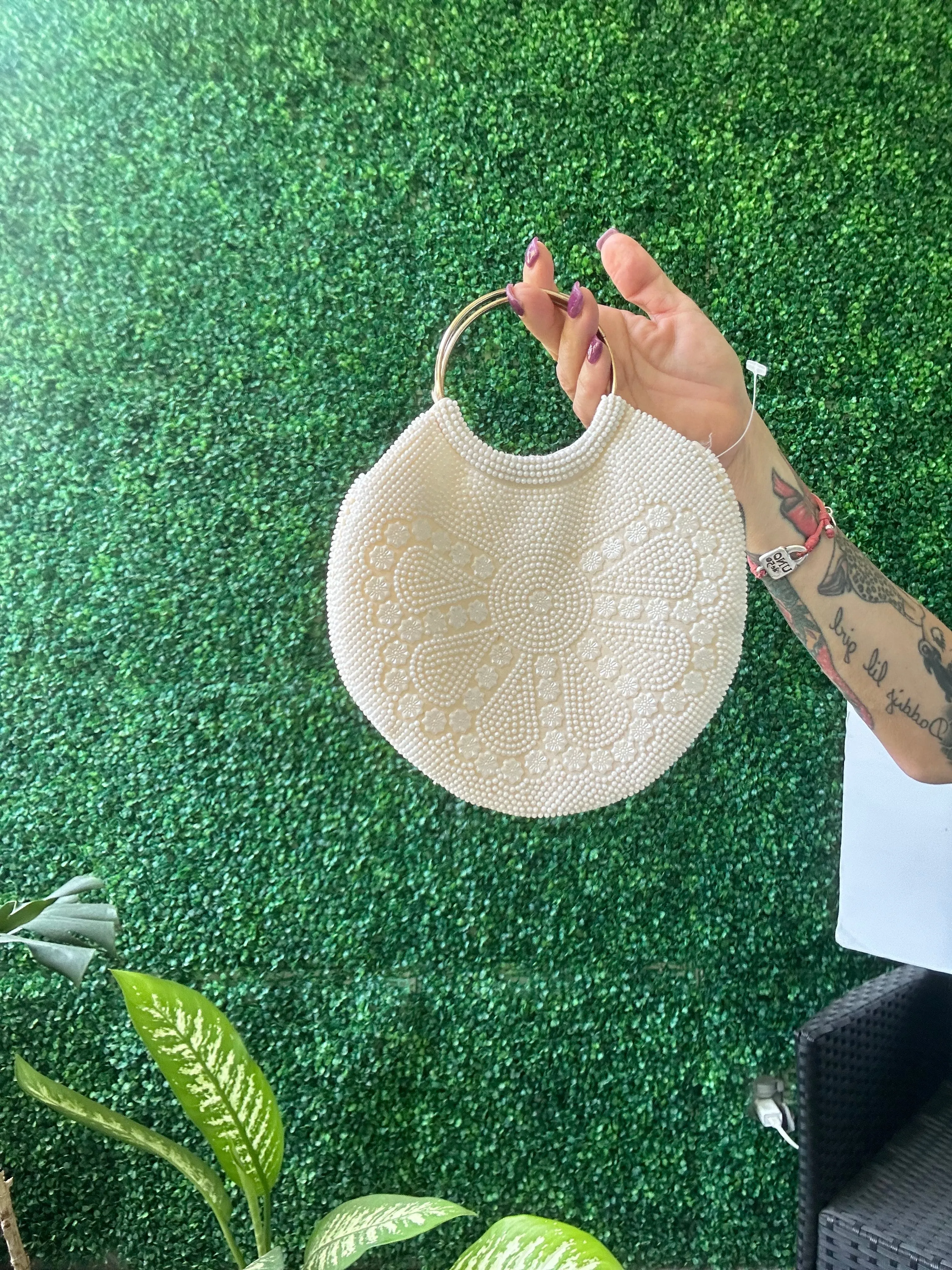 Vintage Off White Pearlescent Seed Beaded Round Handbag Floral Purse Cocktail