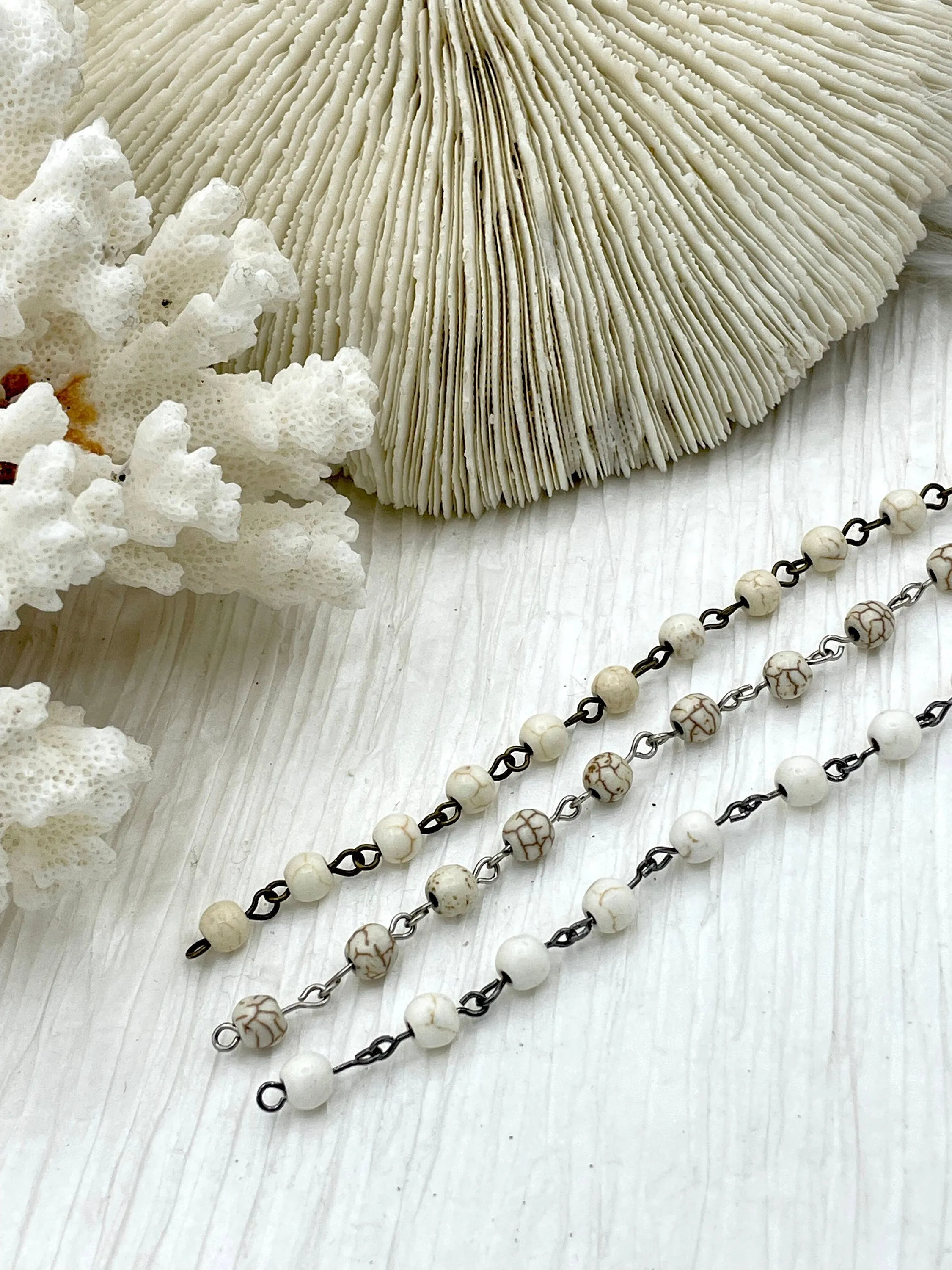 WHITE Howlite Rosary Chain, Gold, silver, bronze or gunmetal wire links, 6mm round stone bead chain 1 Meter (39 inches)
