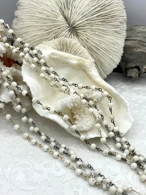 WHITE Howlite Rosary Chain, Gold, silver, bronze or gunmetal wire links, 6mm round stone bead chain 1 Meter (39 inches)