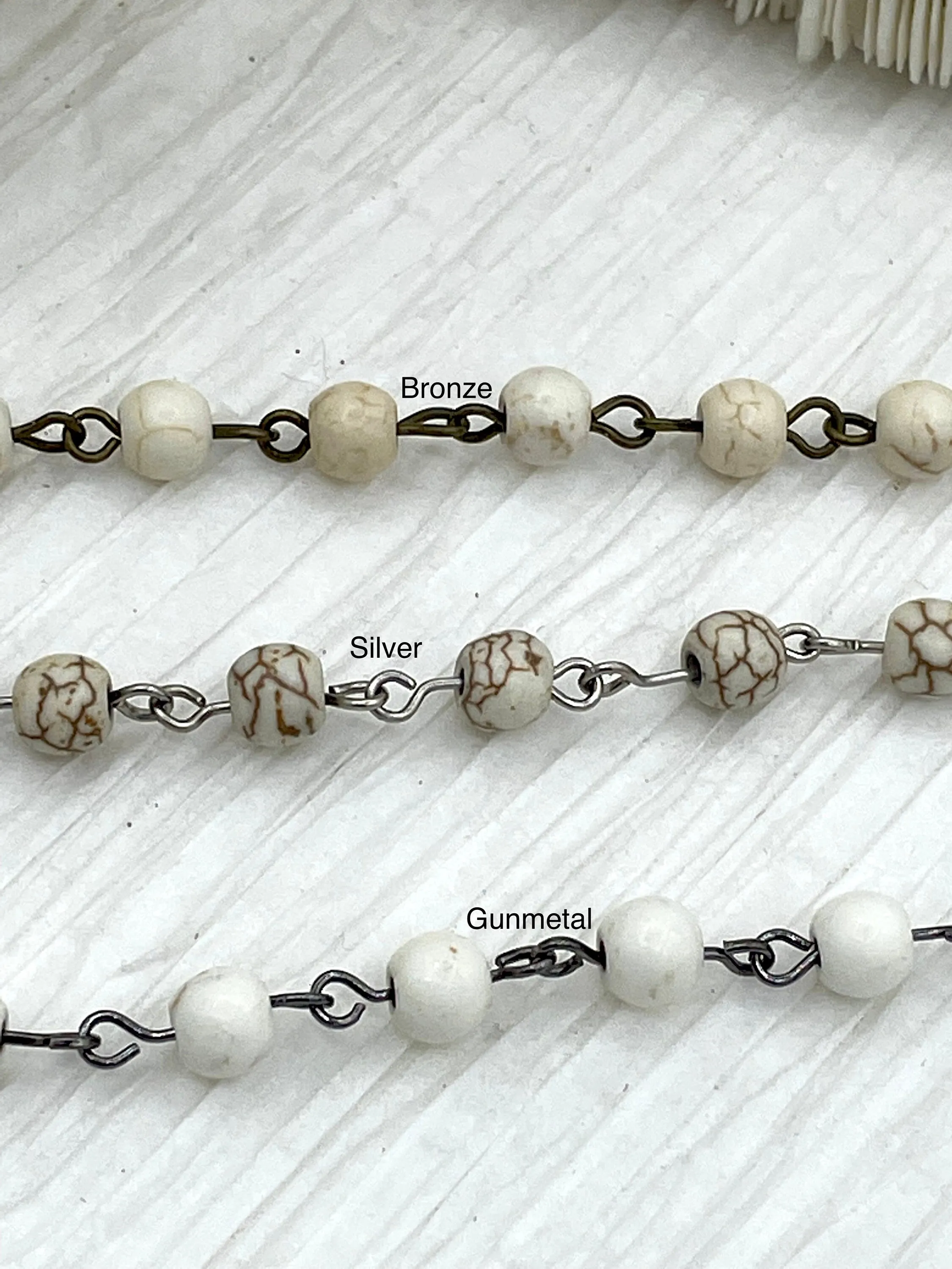WHITE Howlite Rosary Chain, Gold, silver, bronze or gunmetal wire links, 6mm round stone bead chain 1 Meter (39 inches)