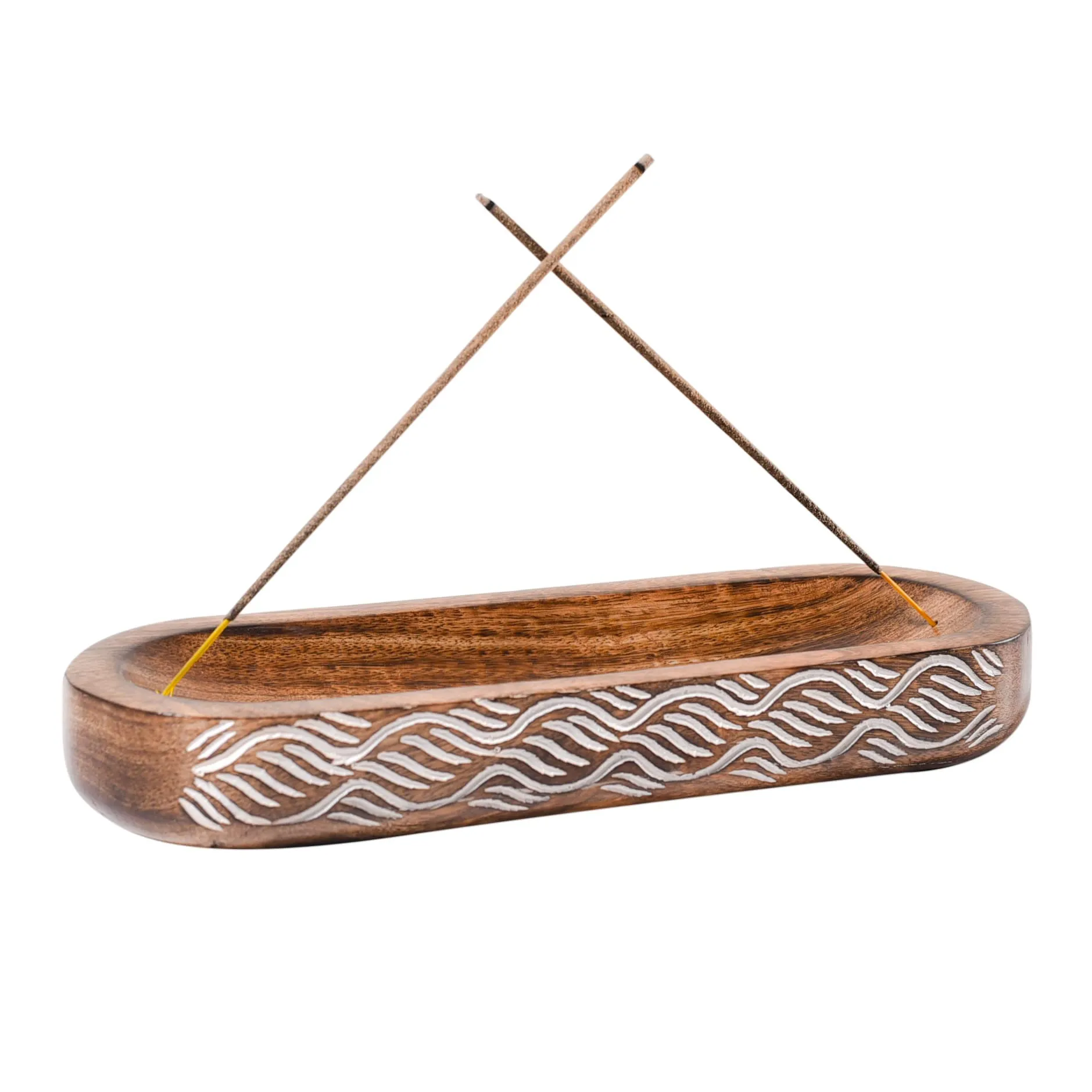 WOOD ART STORE Fine Handcarved Wooden Incense Holder, Insence Ash Catcher, Insense Stick Holder for Table Décorations, Wooden Incense Tray for Sticks Size- 11x4x1.2 Inches (Brwon/White 1)